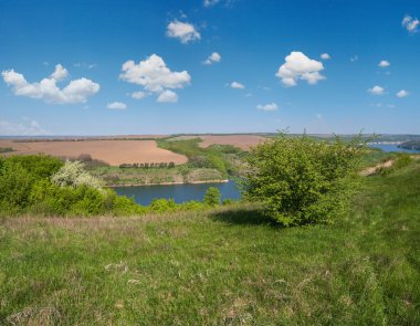 Amazing spring view on the Dnister River Canyon with picturesque rocks, fields, flowers. This place named Shyshkovi Gorby,  Nahoriany, Chernivtsi region, Ukraine. clipart