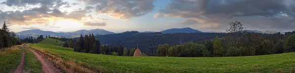 Summer Mountain Green Meadow Stackes Hay Slavske Village Carpathian Mountains 스톡 사진