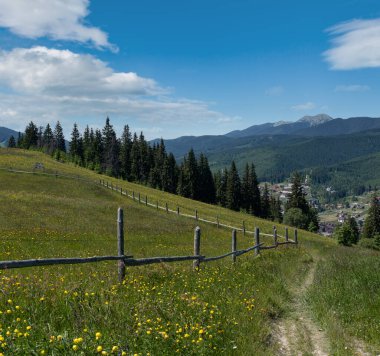 Yaz resimli Gorgany Massiv dağları Sevenei tepesinden (Yablunytsia geçidi yakınları, Karpatlar, Ukrayna.)