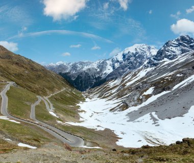 Yaz Stelvio Geçidi dağ yamacında ve yılan yolunda (İtalya)