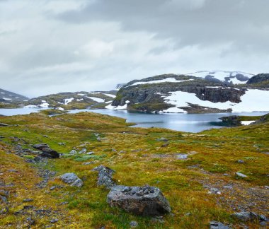 Yaz dağ puslu peyzaj göl ve kar (Norveç, aurlandsfjellet).