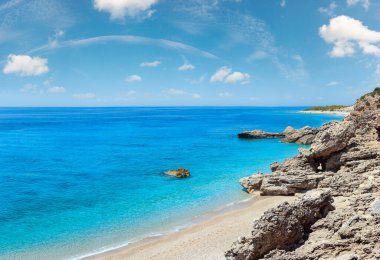Drymades beach, Arnavutluk. İyon Denizi sahil görünümü yaz. Dört el dikiş yüksek çözünürlüklü panorama.
