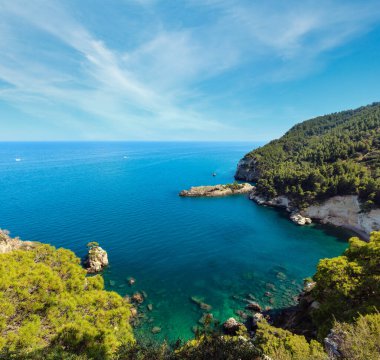 Yaz sakin güzel sahil Cala di Porto Greco Puglia, İtalya Gargano Yarımadası. Torre dell'Aglio göster.