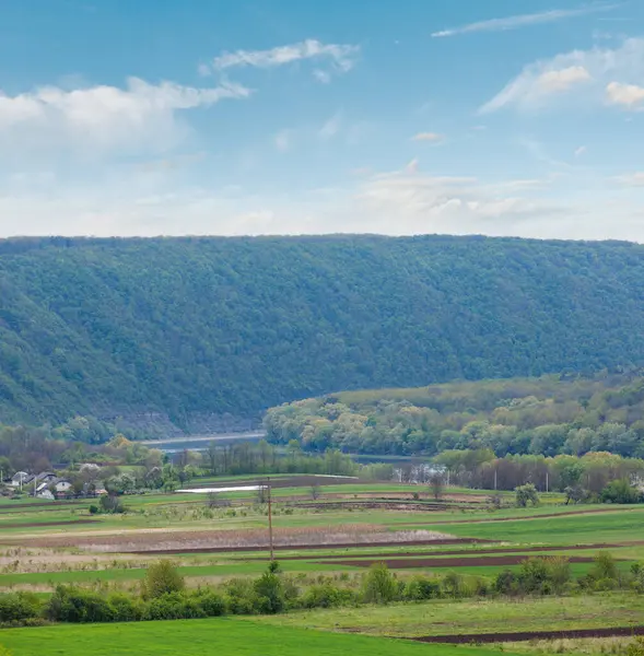 Stock image Top picturesque view of the Dnister river and village on coast. Spring, Ternopil region, Ukraine, Europe.