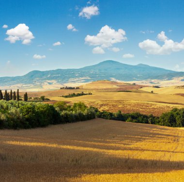 Tuscany yaz sabah gündoğumu kırsal İtalya güzel manzara. 