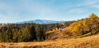 Sabah Karpat Dağları ve köy köyler yamaçlarında (Yablunytsia Köyü ve geçmek, Ivano-Frankivsk oblast, Ukrayna).