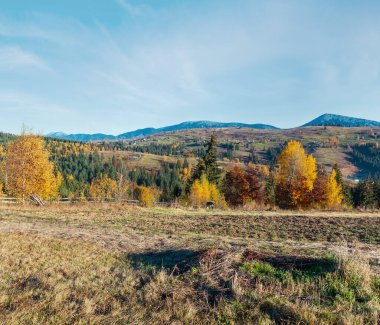Sabah Karpat Dağları ve köy köyler yamaçlarında (Yablunytsia Köyü ve geçmek, Ivano-Frankivsk oblast, Ukrayna).