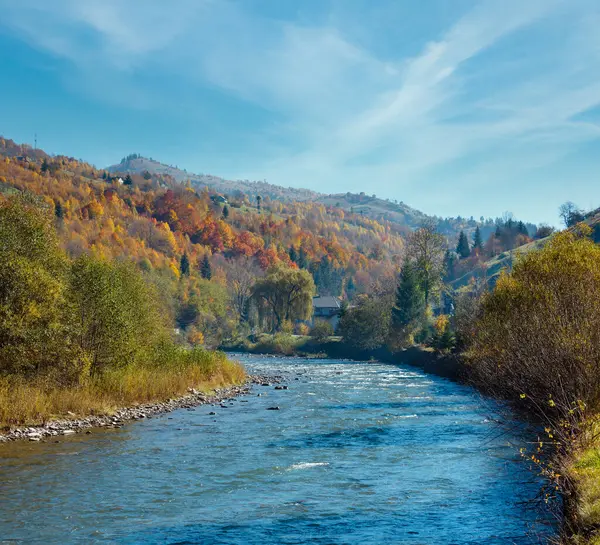 Stock image Autumn Carpathian mountain White Tysa river landscape with multicolored yellow-orange-red-brown trees on slope and river in mountain gorge (Transcarpathia, Ukraine).