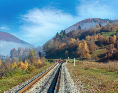 Sonbahar Karpat Dağları puslu, yatay, demiryolu Köprüsü ve köy sınırı (Rakhiv bölgesi, Transcarpathia, Ukrayna).
