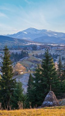 Sonbaharın sonlarında gün batımından önce, tepeleri karla kaplı bir dağ manzarası. Resimli seyahat, mevsimlik, doğa ve kırsal güzellik konsepti. Karpatlar, Ukrayna.