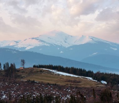 Sabahın erken saatlerinde Ukrayna 'nın karla kaplı tepeleriyle Karpat dağları yaylası.