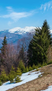 Erken bahar Ukrayna Karpat Dağları yatay, karla kaplı ridge üstleri, Plato.