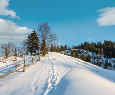 Winter  morning scenery picturesque mountain rural snow covered path and footprint (Ukraine, Carpathian Mountains, tranquility peaceful Dzembronya village outskirts hills. clipart