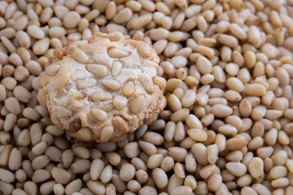 Close Fresh Baked Italian Pignoli Cookie Top Bed Pine Nuts — Stock Photo, Image