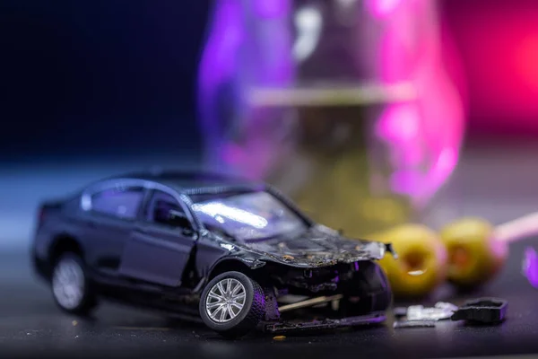 Concept Image Created Toy Car Smashed Placed Drink Olives Background — Stock Photo, Image