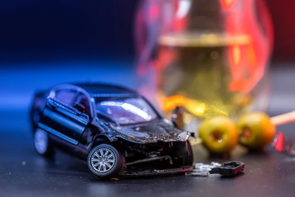 Concept Image Created Toy Car Smashed Placed Drink Olives Background — Stock Photo, Image