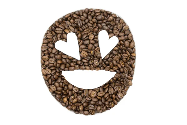 Kávová Zrna Uspořádány Bílém Pozadí Vypadat Jako Emoji — Stock fotografie