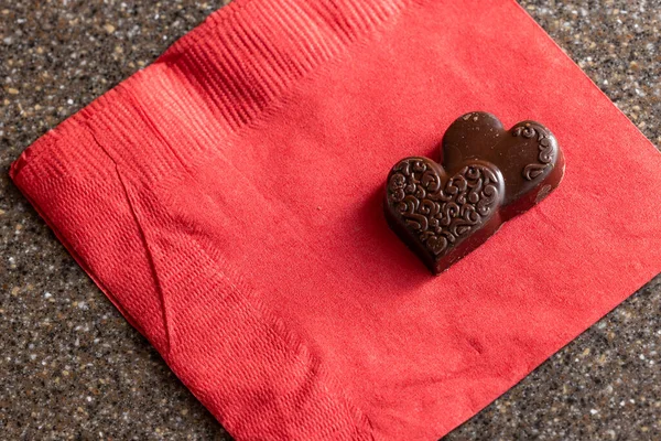 Close Heart Shaped Chocolates Red Napkin — Φωτογραφία Αρχείου