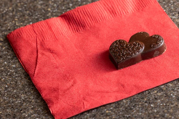 Close Heart Shaped Chocolates Red Napkin — Φωτογραφία Αρχείου