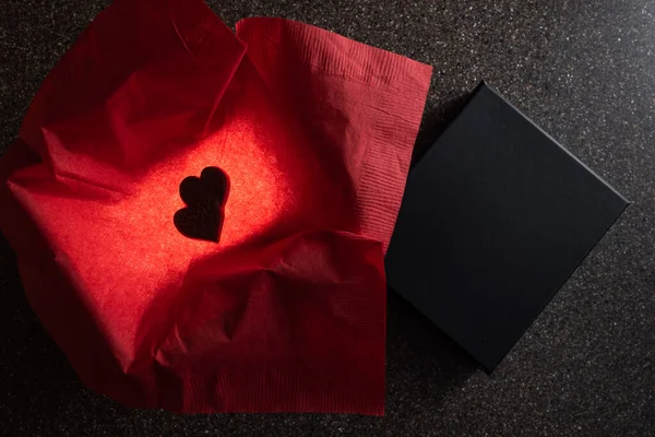 Heart Shaped Chocolates Box Light Glow Red Napkin Color — 图库照片