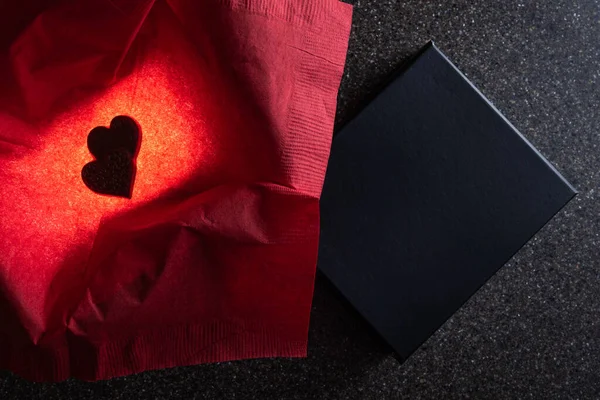 Heart Shaped Chocolates Box Light Glow Red Napkin Color — Φωτογραφία Αρχείου