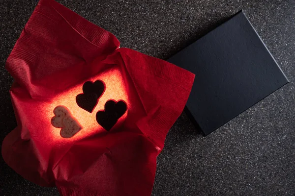 Heart Shaped Chocolates Box Light Glow Red Napkin Color — Foto de Stock