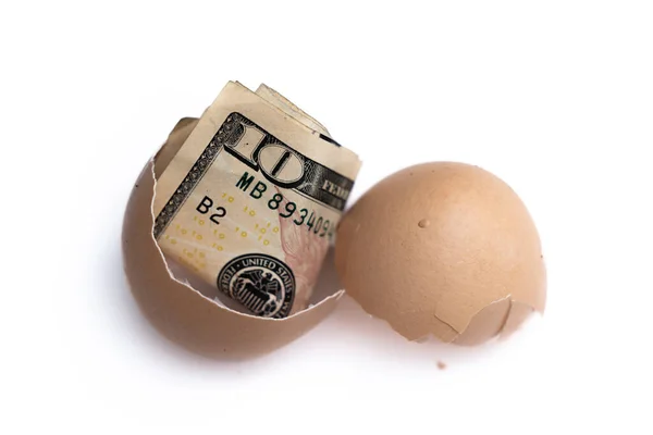 Concept Image Using Dollar Bill Cracked Egg White Background — ストック写真