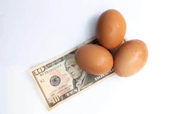 Dolarlık Banknotun Üstüne Beyaz Arka Planda Taze Yumurta — Stok fotoğraf