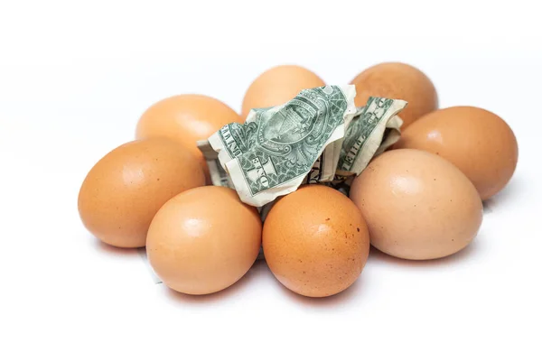 Pile Fresh Eggs Crumbled American Dollar Bills Top Concept Image — ストック写真