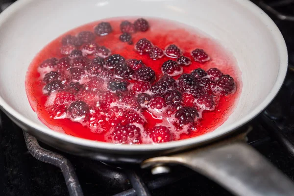 Close Bunch Fresh Picked Wild Berries Boiling Pan Little Water — Stock Photo, Image