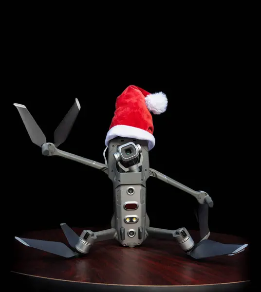 Portrait Quadcopter Drone Wearing Santa Hat Christmas Concept Dark Background — Stock Photo, Image
