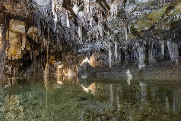Underground pool with calm reflections with stalactites hanging from the ceiling inside the Lehman Caves in Great Basin National Park
