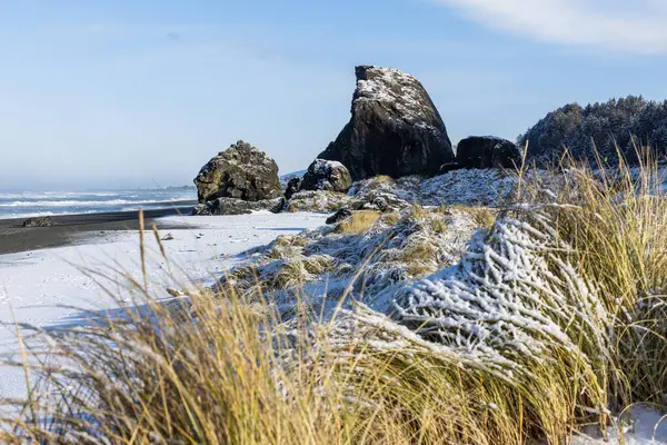Popular Beach Stop Gold Beach Oregon Known Kissing Rock Snow — Stock Photo, Image