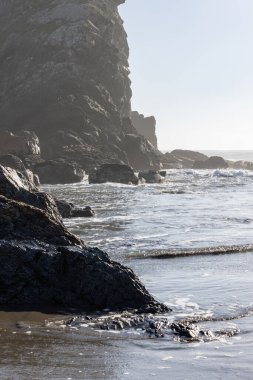Sakin bir okyanusu olan kayalık bir kıyı şeridi. Kayalar kıyı şeridi boyunca dağılmış ve su açık mavi renktedir. Sahne huzurlu ve sakin, dalgalar yavaşça kıyıya vuruyor.
