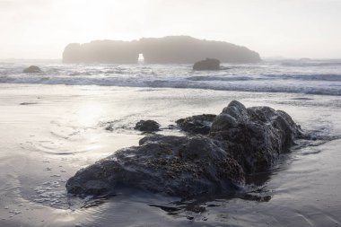 Önünde büyük bir kaya olan kayalık bir sahil. Su sakin ve gökyüzü kapalı.