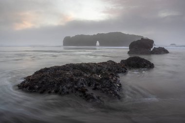 Önünde büyük bir kaya olan kayalık bir kıyı şeridi. Su dalgalı ve gökyüzü bulutlu. Karamsar bir atmosfer yaratıyor.