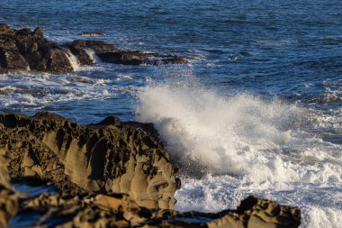 Okyanus sakin ve dalgalar küçük. Kayalar pürüzsüz ve su berrak.