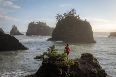 Güney Oregon 'daki bu kıyı şeridinin kayalık kıyı şeridinin ve deniz yığınlarının manzarasının tadını çıkarıyor..