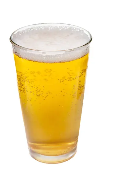 Glass Beer Sitting White Background Glass Half Full Beer Foamy — Stock Photo, Image