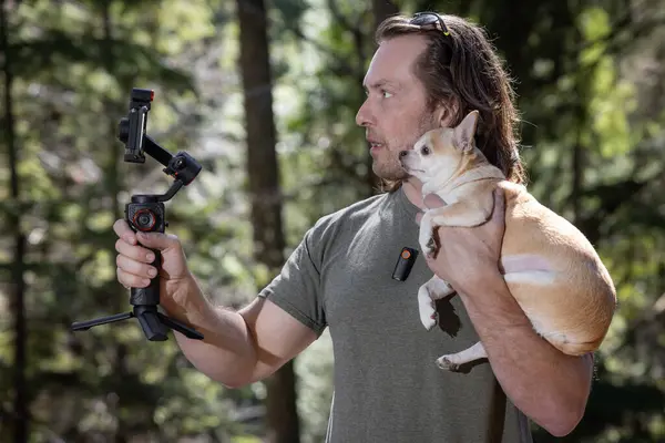 Man Using Phone Gimbal Film Himself Chihuahua Holding Film Happening — Stock Photo, Image