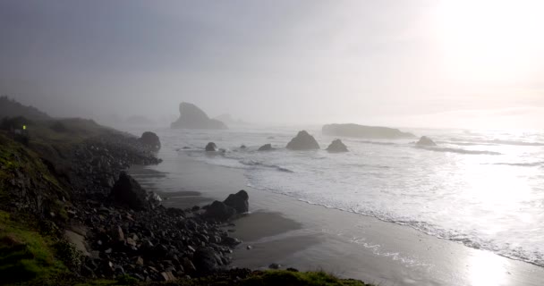 Туманний Пляж Скелястою Береговою Лінією Вода Спокійна Небо Затьмарене — стокове відео