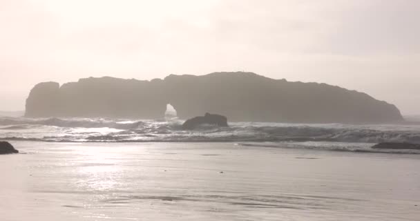 Una Costa Rocciosa Con Una Grande Isola Lontananza Cielo Coperto — Video Stock