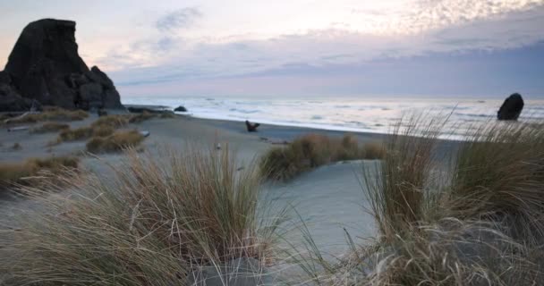 Een Strand Met Een Rotsachtige Klif Achtergrond Lucht Bewolkt Zon Stockvideo's