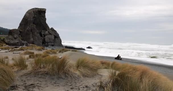 남자는 해변에서 오토바이를 하늘은 흐리고 해변은 잔디로 덮여있다 스톡 비디오