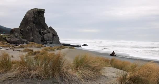 Скалистый Пляж Парой Сидящей Мотоцикле Пляж Покрыт Высокой Травой Небо Видеоклип