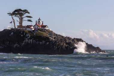 Kayalık bir yamaçta bir deniz feneri duruyor. Deniz feneri beyaz ve kırmızıdır ve yemyeşil bir yamaçla çevrilidir. Sahne huzurlu ve huzurlu. Batarya Noktası Deniz feneri, Kaliforniya.