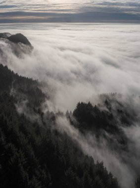 Gökyüzü kalın bir sis tabakasıyla kaplıdır, karamsar ve gizemli bir atmosfer yaratır. Sisli bulutlar dağların manzarasını karalıyor, derinlik ve entrika hissi katıyor.