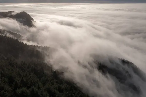 空は霧の厚い層に覆われ ムーディーと神秘的な雰囲気を作り出しています 霧の雲が山の上に低く吊り下げられ シーンには深みと壮大さが感じられる ロイヤリティフリーのストック画像