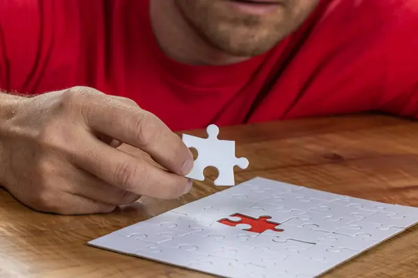 Blank Puzzle Missing Piece Being Held Next Whole Red Placer 图库照片
