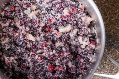 A bowl of berries with sugar and in a pot. The bowl is silver and the berries are wild huckleberries. clipart